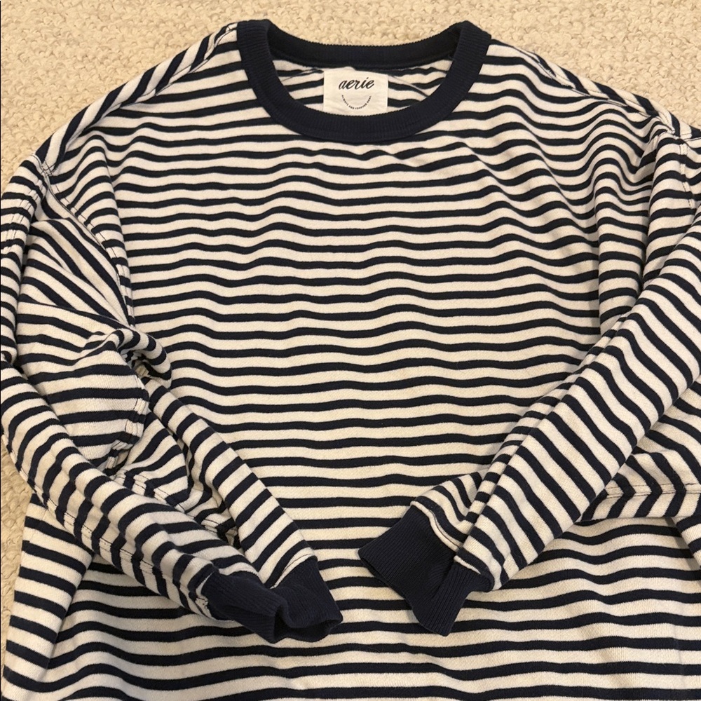 Aerie  Navy and White Striped Crewneck Sweater